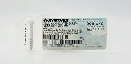 Synthes 208.040 7.0mm Cannulated Screw 16mm Thread 40mm Synthes