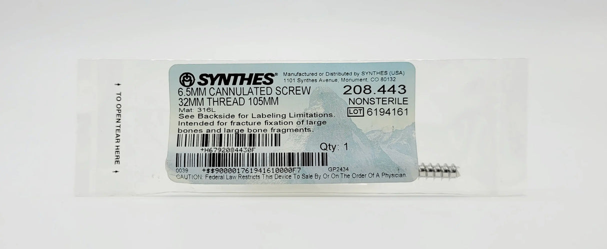 Synthes 208.443 6.5mm Cannulated Screw 32mm Thread 105mm Synthes