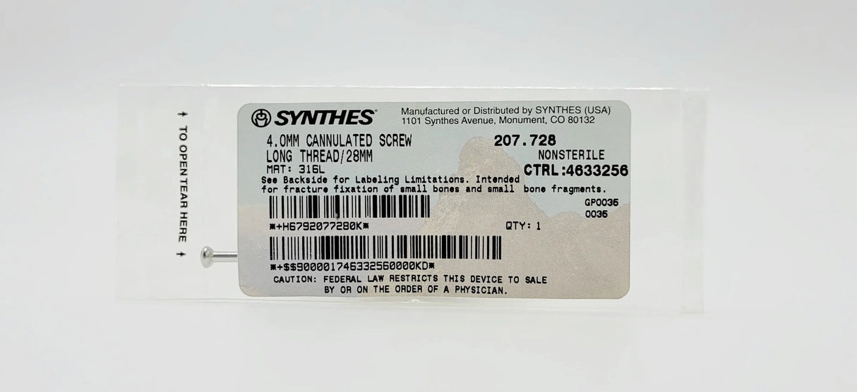 Synthes 207.728 4.0mm Cannulated Screw Long Thread/28mm Synthes