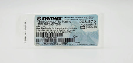 Synthes 208.875 7.3mm Cannulated Screw 16mm Thread/75mm Synthes