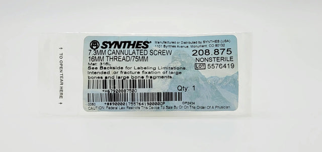 Synthes 208.875 7.3mm Cannulated Screw 16mm Thread/75mm Synthes