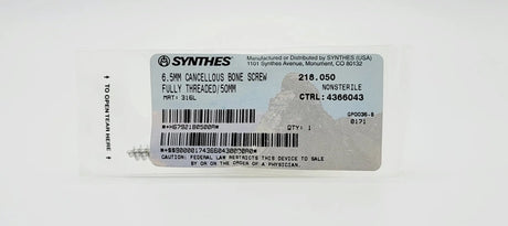 Synthes 218.050 6.5mm Cancellous Bone Screw Fully Threaded/50mm Synthes