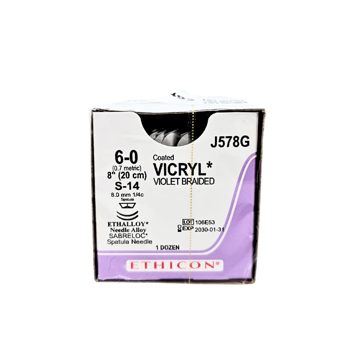 Ethicon J578G Coated VICRYL Violet Braided Absorbable Suture Size 6-0 with S-24 Spatula Needles – Box of 12 Ethicon