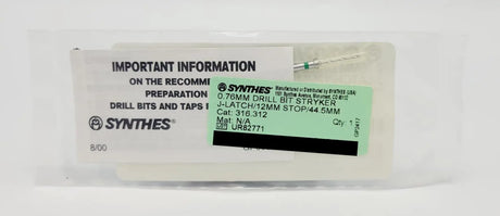 Synthes 316.312 Drill Bit 0.76mm Stryker J-Latch 12mm Stop Orthopedic 2" Synthes Stryker