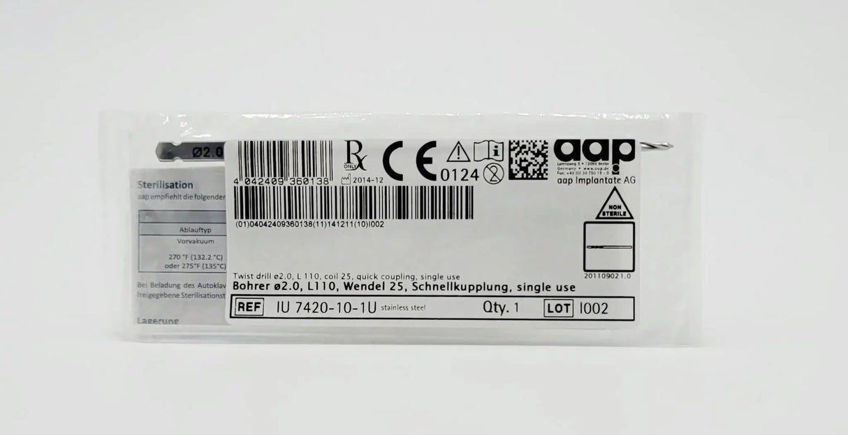 aap Implantate AG IU 7420-10-1U 2mm Twist Drill Quick Coupling 4-3/8" aap Implantante