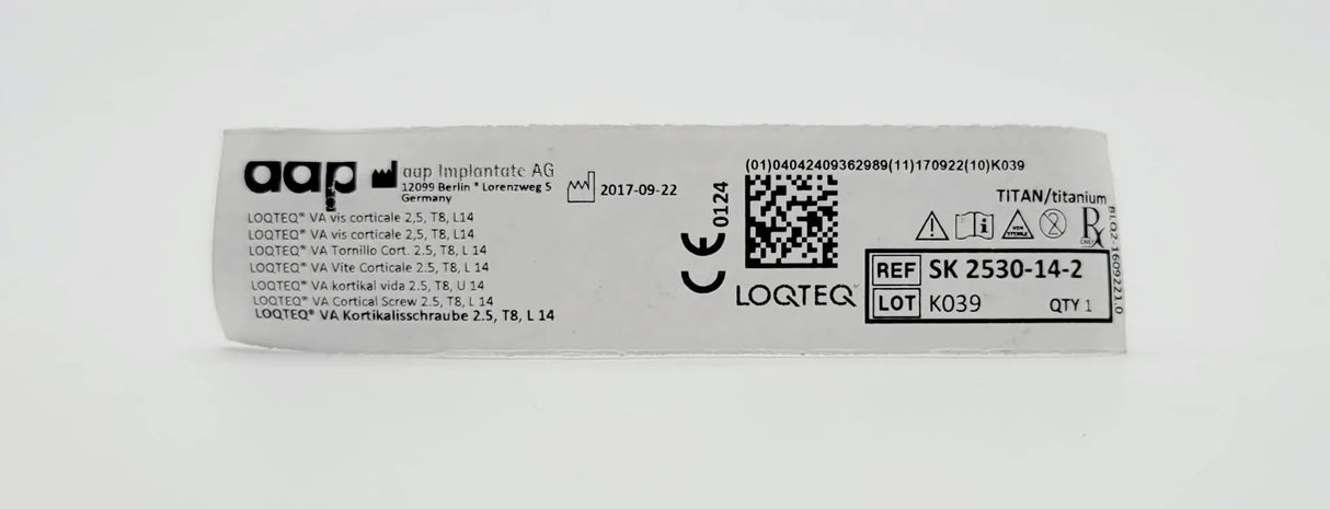 aap Implantate AG SK 2530-14-2 LOQTEQ VA Cortical Screw 2.5, T8, L 14 Titanium aap Implantante