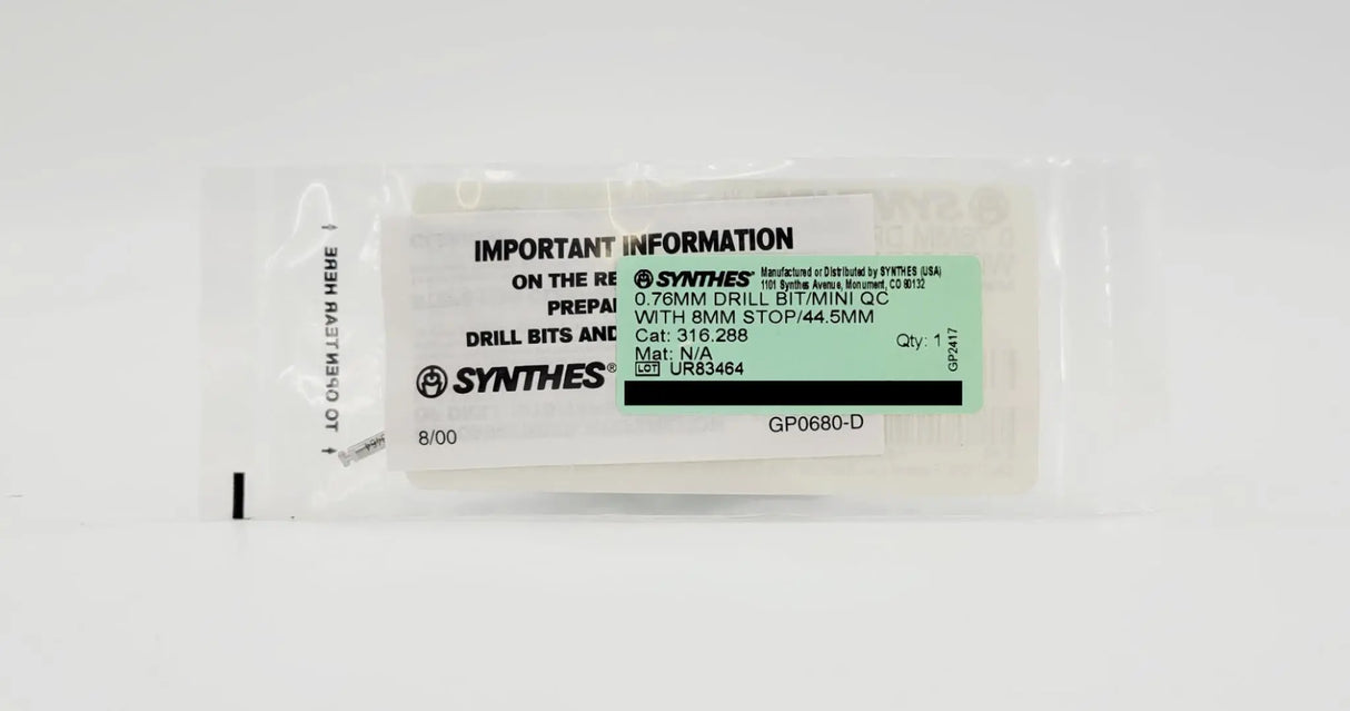 Synthes 316.288 Quick Connect Drill Bit 0.76mm Mini w/ 8mm Stop 1-3/4" New Primis Medical