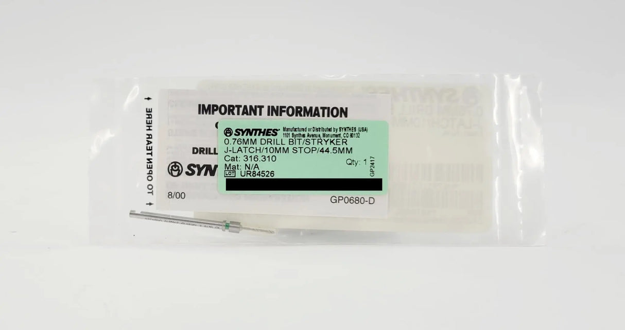 Synthes 316.310 Drill Bit 0.76mm / Stryker J-Latch 10mm Stop 1-3/4" Synthes