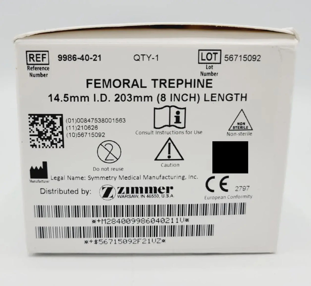 Zimmer Tecomet  9986-40-21 Femoral Trephine 14.5mm 203mm Length Zimmer