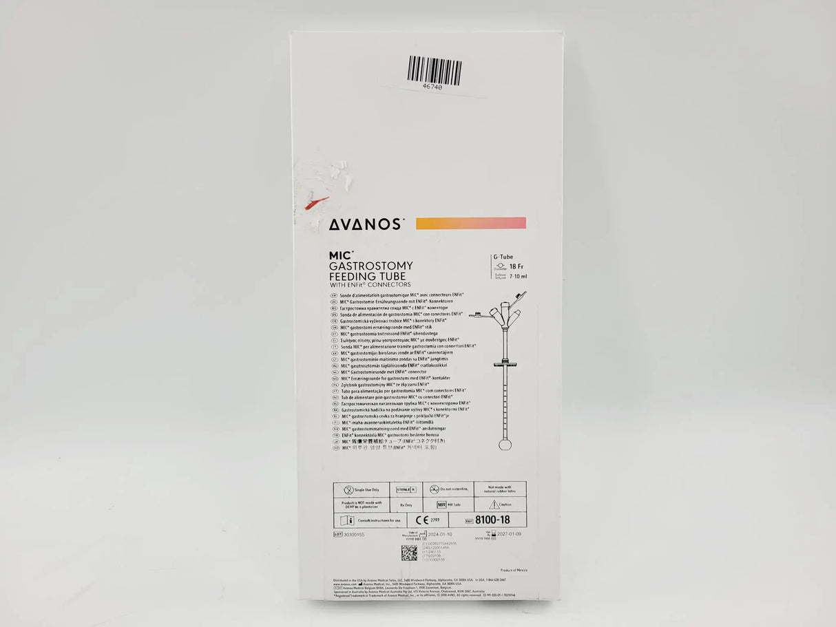 Avanos 8100-18 MIC Gastrostomy Feeding Tube w/ ENFit Connectors G-Tube 18Fr. Dia Avanos