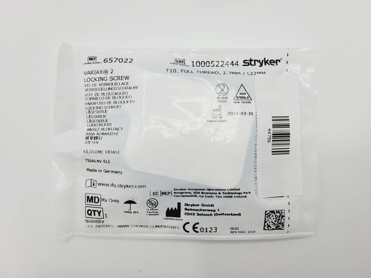 Stryker Trauma 657022 Variax 2 Locking Screw Fully Threaded T10 2.7mm x 22mm Stryker Trauma