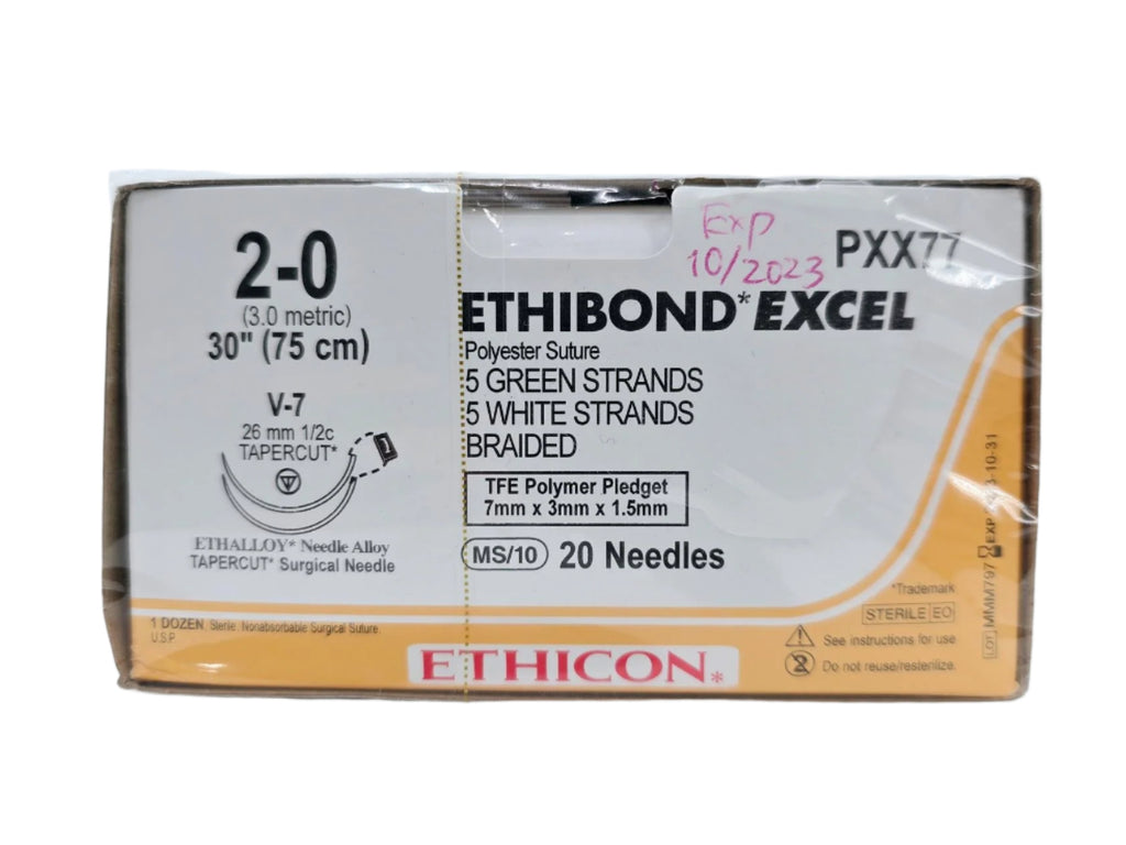 Ethicon PXX77 2-0 Ethibond Excel Grn/wht 10x30" V-7 Double Armed Firm Pledget 7mm x 3mm x 1.5mm Box of 12