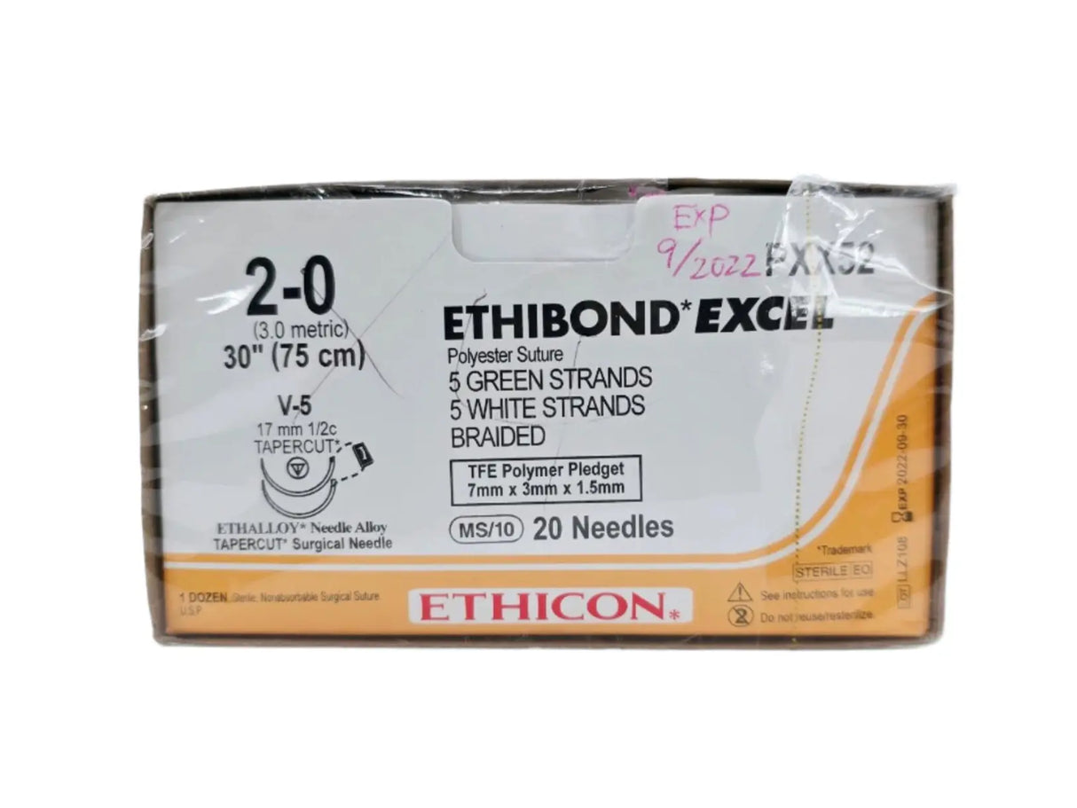 Ethicon PXX52 2-0 Ethibond Grn/wht 10x30" V-5 Double Armed Firm Pledget 7mmx3mmx1.5mm Box of 12 Ethicon
