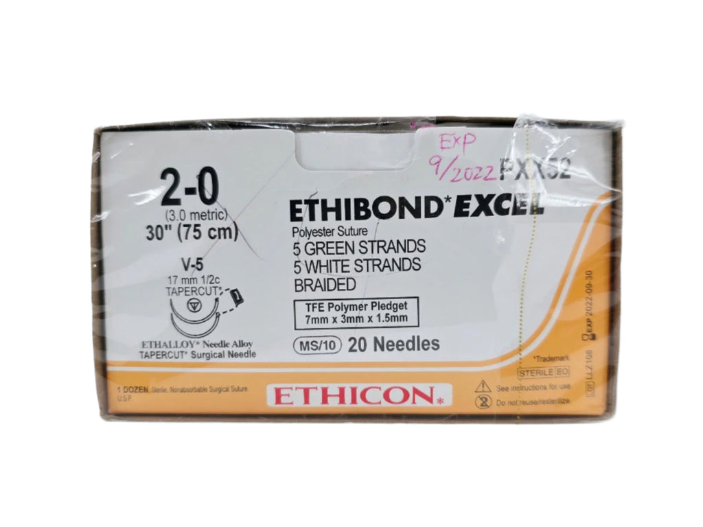 Ethicon PXX52 2-0 Ethibond Grn/wht 10x30" V-5 Double Armed Firm Pledget 7mmx3mmx1.5mm Box of 12