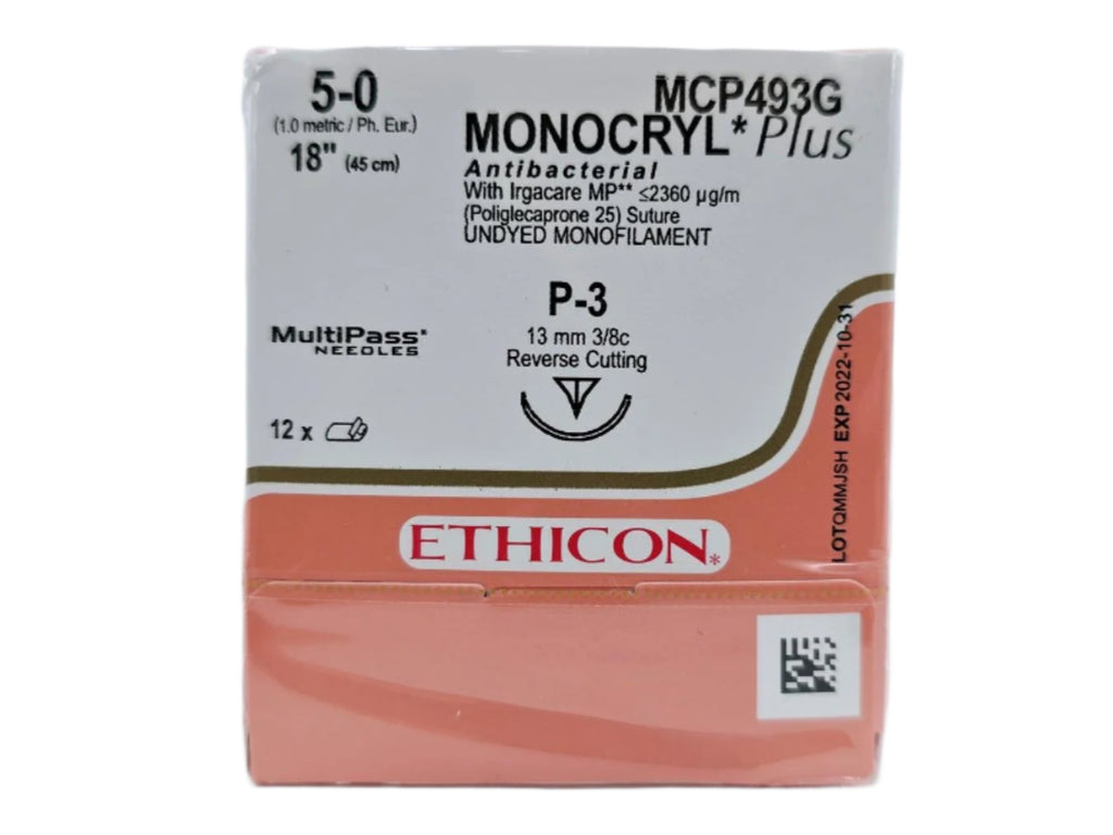 Ethicon MCP493G 5-0 Monocryl Plus Undyed 1x18" P-3 Box Of 12