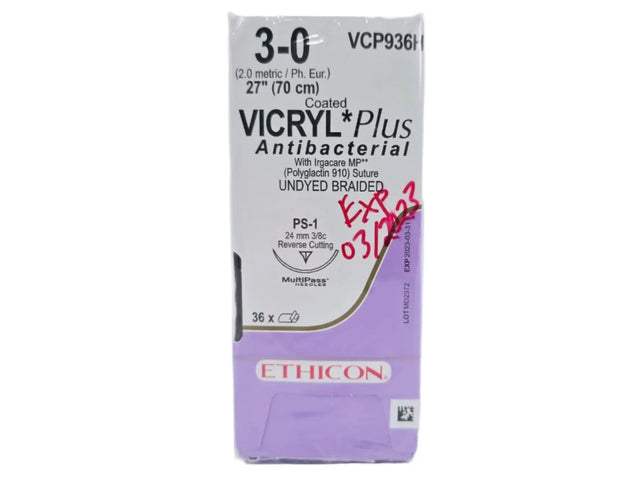 Ethicon VCP936H 3-0 Coated Vicryl Plus Undyed 1x27" PS-1 Box of 36 Ethicon