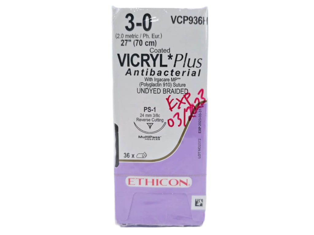 Ethicon VCP936H 3-0 Coated Vicryl Plus Undyed 1x27" PS-1 Box of 36