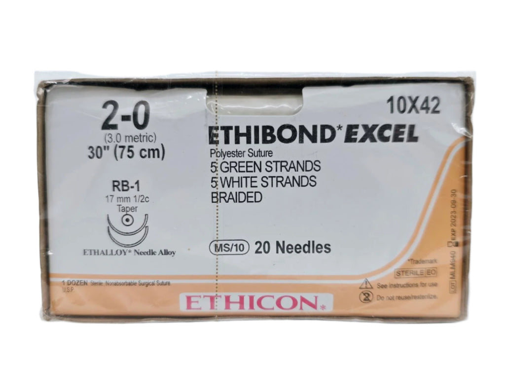 Ethicon 10X42 2-0 Ethibond Grn/wht 10x30" RB-1 Double Armed Box of 12