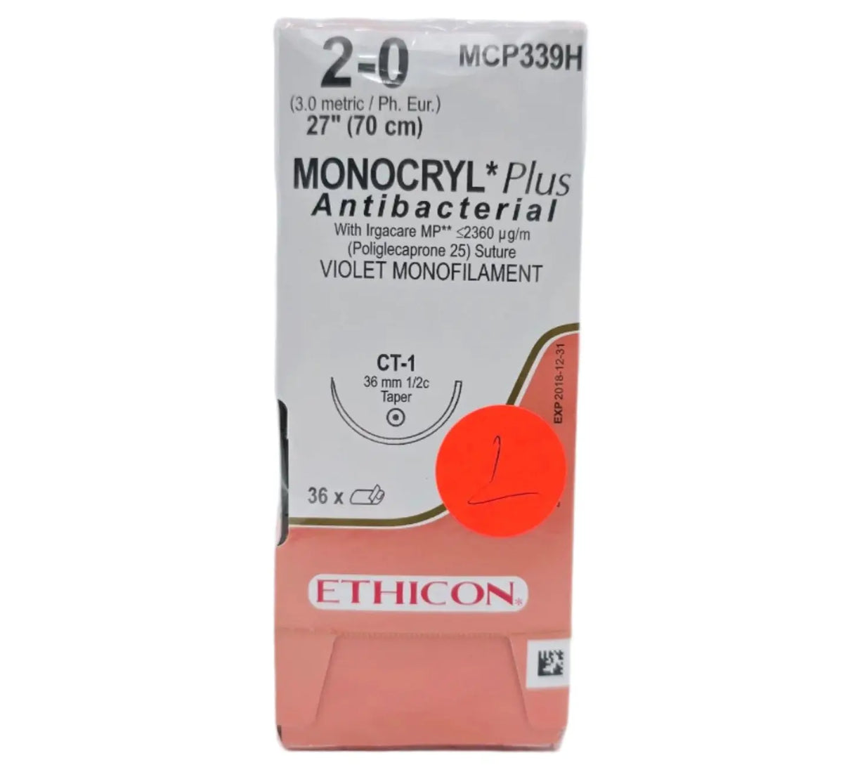 Ethicon MCP339H 2-0 Monocryl Plus CT-1 1x27" Box Of 36 Ethicon