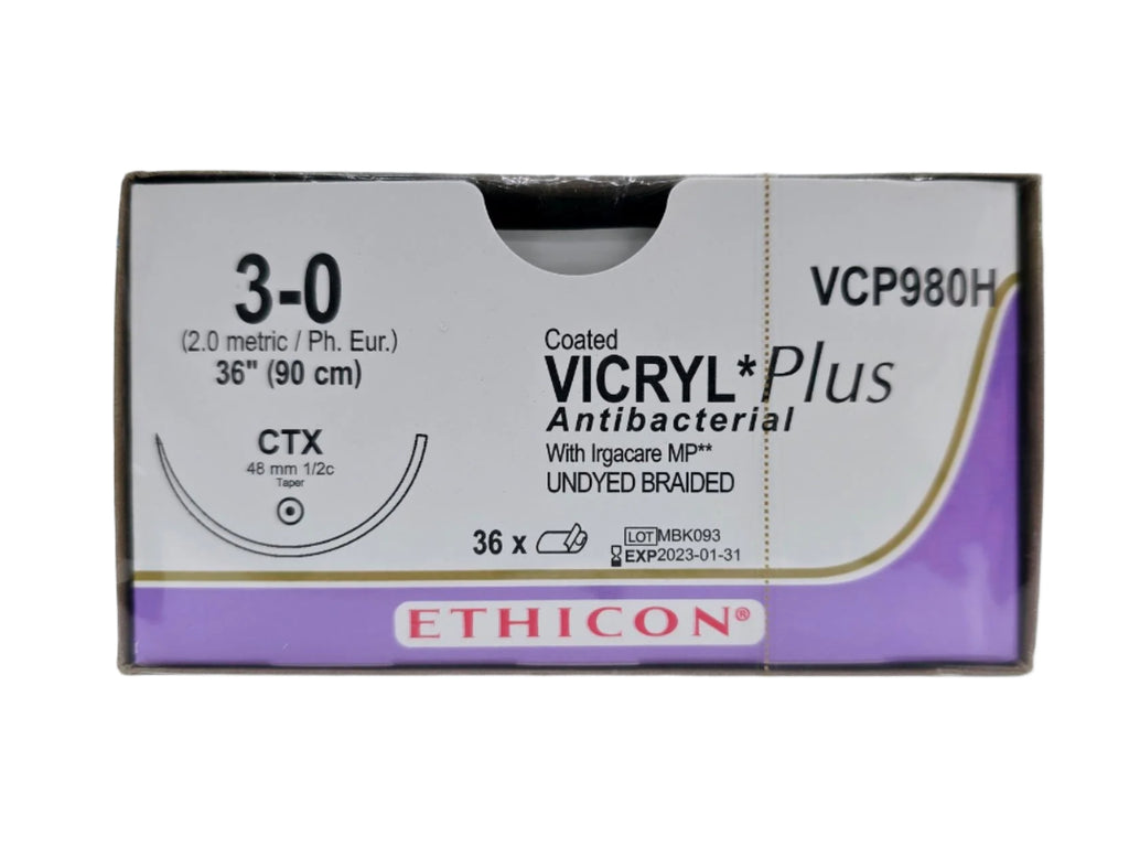 Ethicon VCP980H 3-0 Coated Vicryl Plus Undyed 1x36" CTX Box of 36