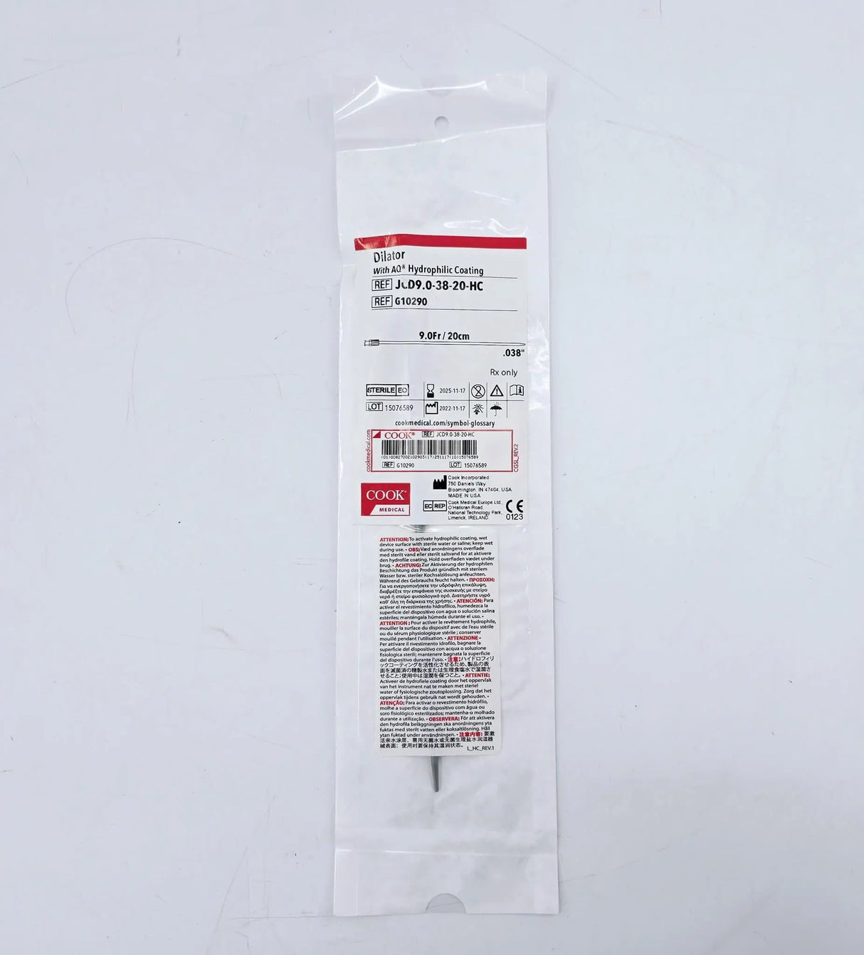 Cook Medical G10290 Dilator w/ AQ Hydrophilic Coating 9Fr./20cm .038" Diameter Cook Medical