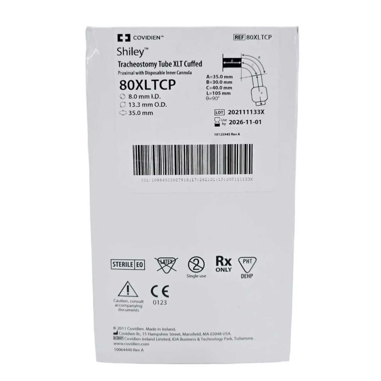 Covidien 80XLTCP Shiley 8.0mm I.D. Tracheostomy Tube XLT Cuffed Proximal w/ Disposable Inner Cannula Covidien