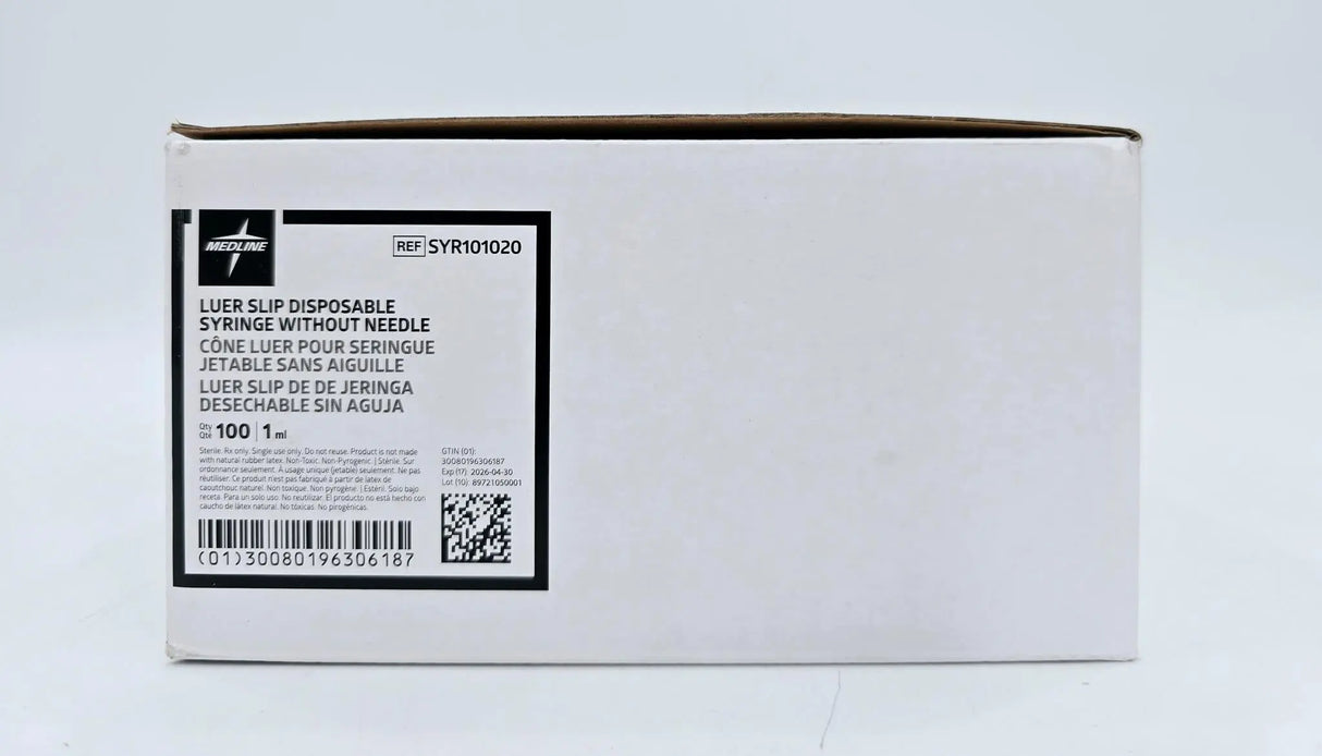Medline SYR101020 Luer Slip Disposable Syringe w/o Needle Sterile 1ml BX/100 Medline