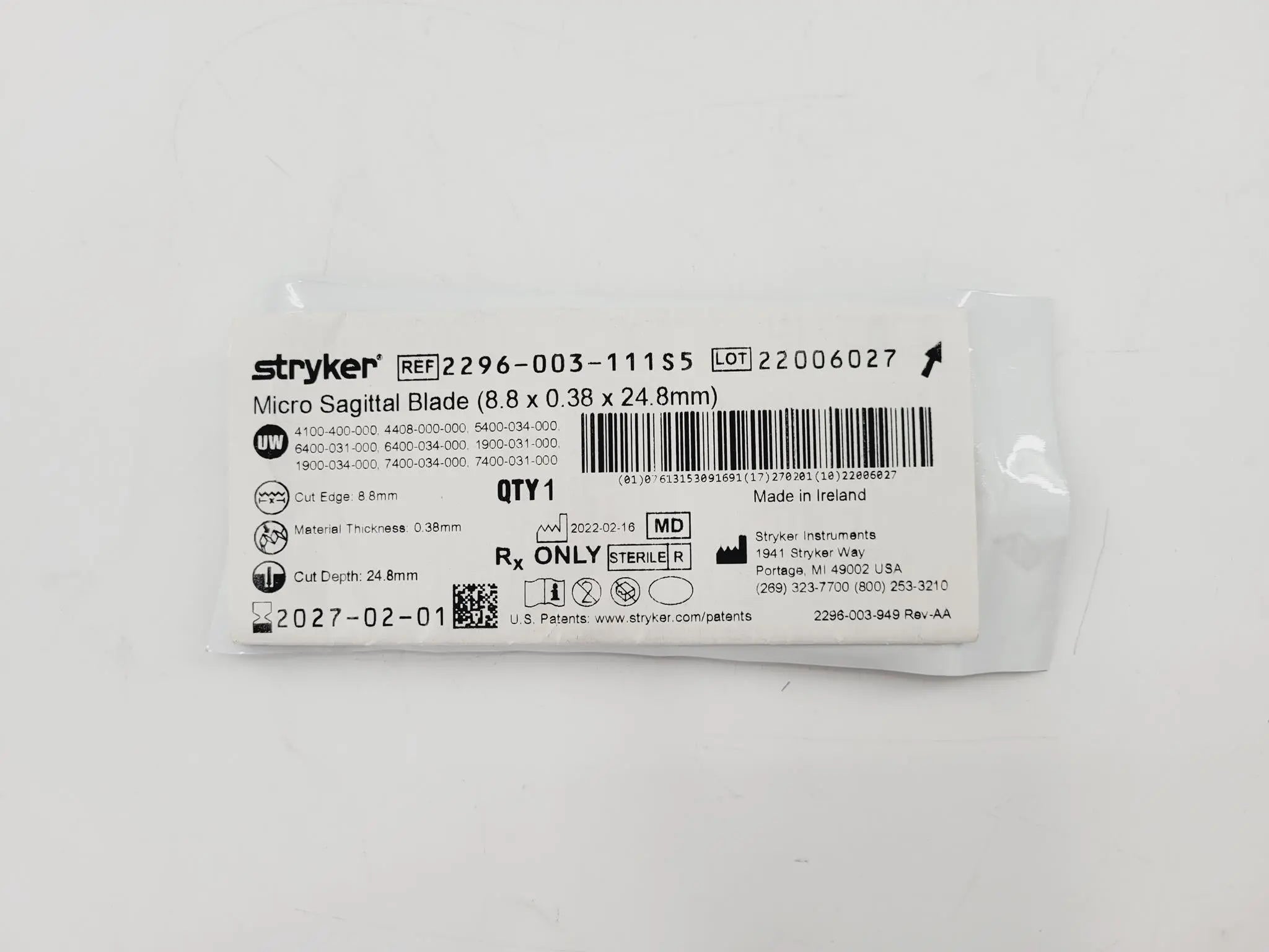Stryker 2296003111S5 Micro Sagittal Blade (8.8mm x 0.38mm x 24.8mm