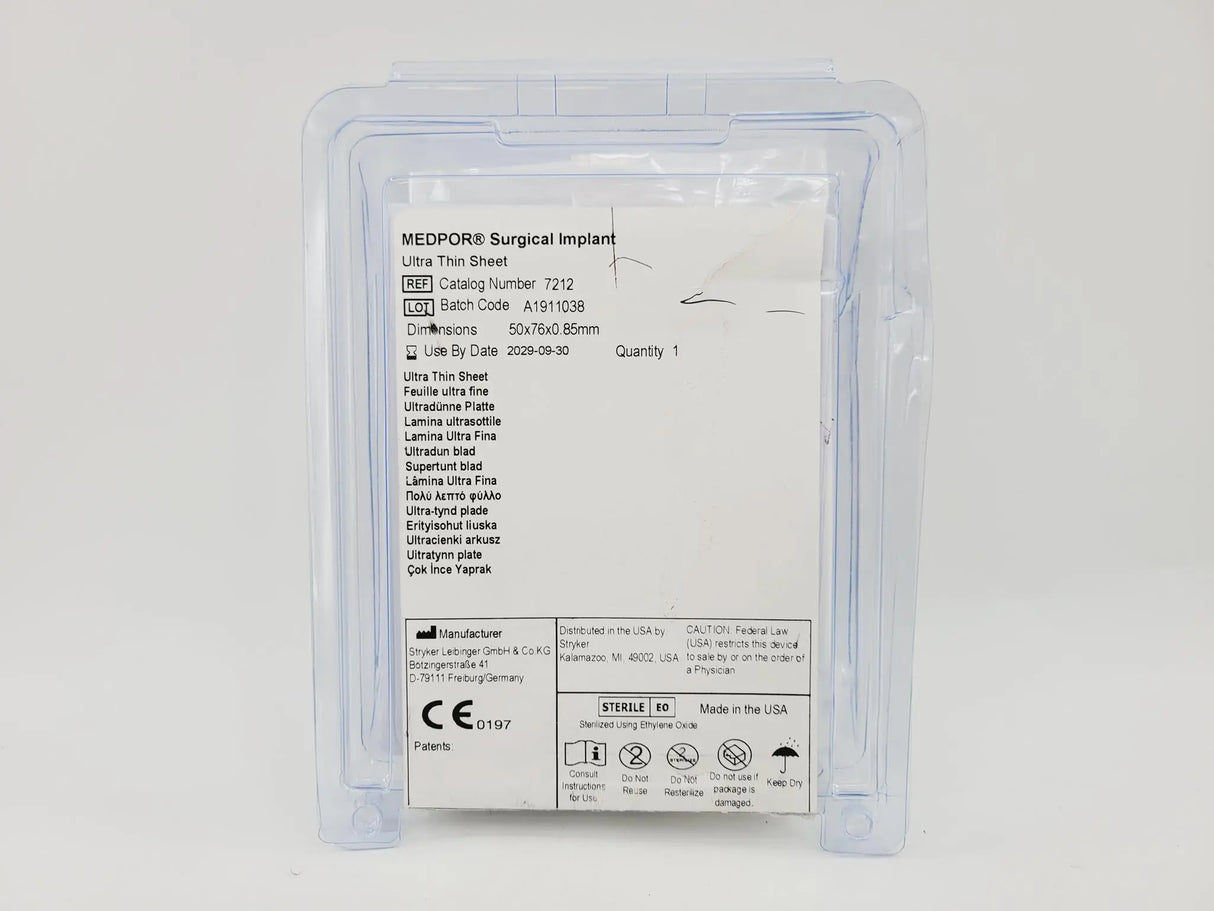 Stryker 7212 MEDPOR Surgical Implant Ultra Thin Sheet 50mm x 76mm x 0.85mm Stryker