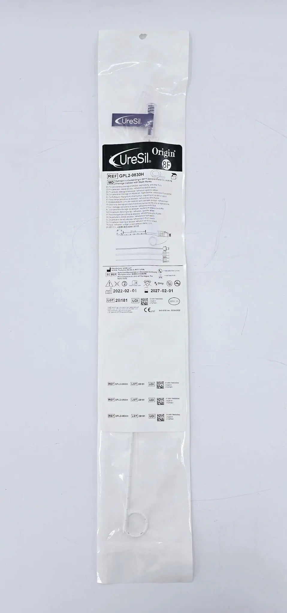 Uresil GPL2-0830H 8F x 21cm Hydrophilic Coated GP Locking Drainage Catheter w/ Depth Marks Uresil