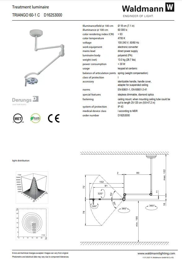 Waldmann TRIANGO LED 60-1 C Minor Procedure Light, 60,000 lux/1 M, 4700K, CRI>93, dimming. With ceiling mount. Waldmann Lighting