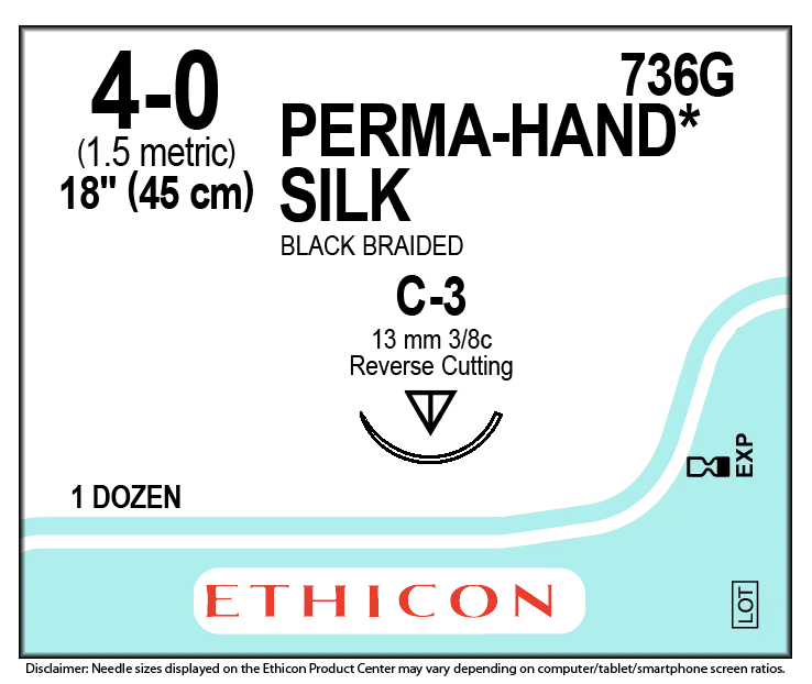 Ethicon Perma-Hand Silk 736G Suture - Black Braided Silk, Nonabsorbable (Box of 12) Ethicon