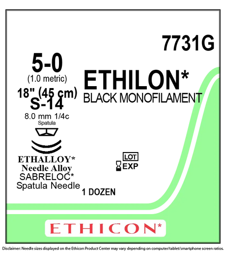 Ethicon Ethilon 7731G Suture - Black Nylon Monofilament, Nonabsorbable (Box of 12) Ethicon