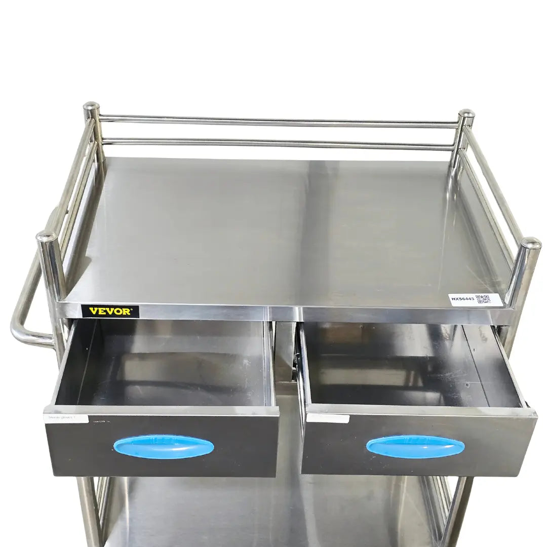 VEVOR stainless-steel two-shelf utility/lab cart with two drawers Primis Medical