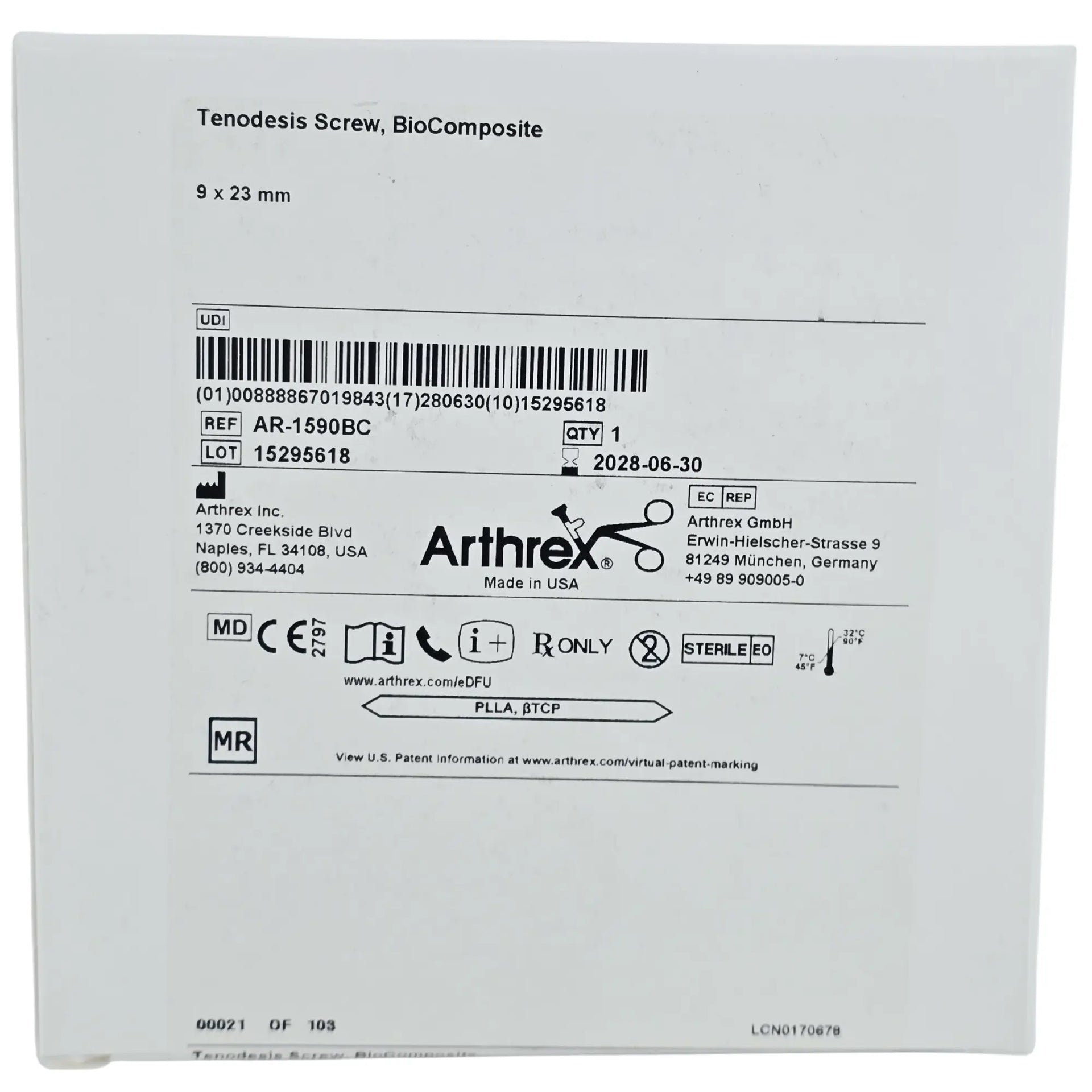Arthrex AR-1590BC Bio-Tenodesis Screw - 9mm x 23mm, BioComposite