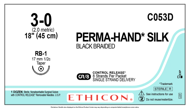 Ethicon Perma-Hand Silk C053D Suture - Black Braided Silk, Nonabsorbable (Box of 12) Ethicon