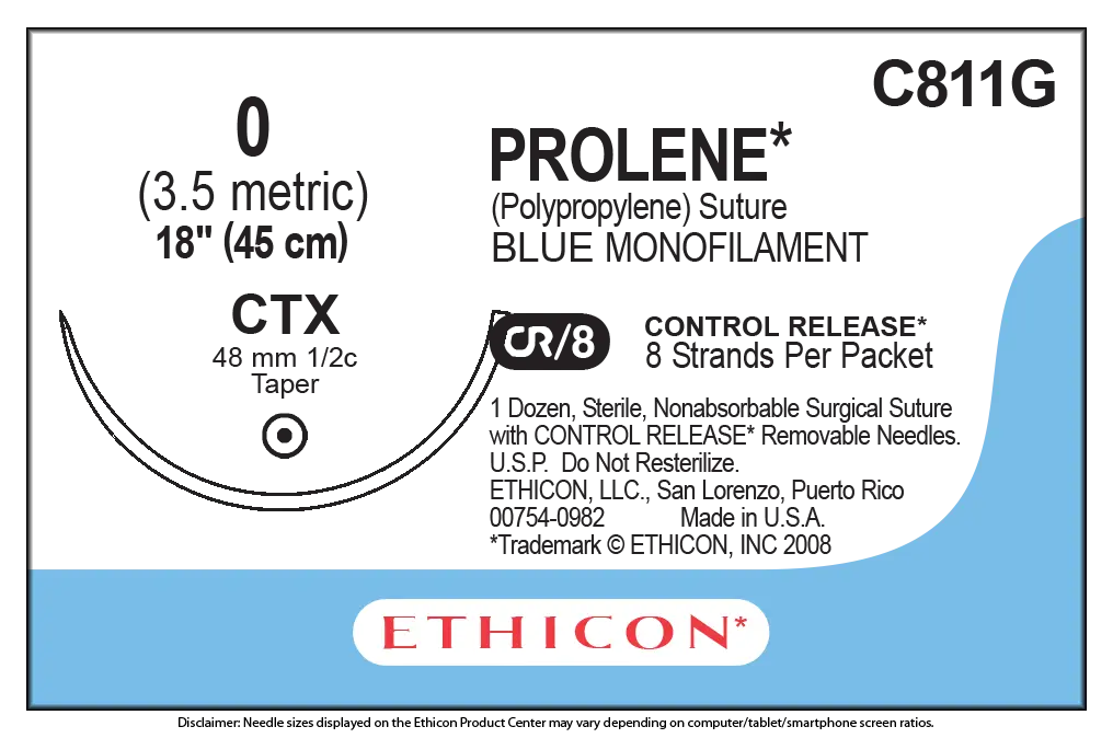 Ethicon Prolene C811G Suture - Blue Monofilament Polypropylene, Nonabsorbable (Box of 12) Ethicon