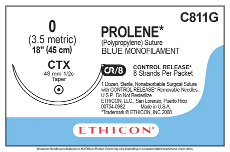 Ethicon Prolene C811G Suture - Blue Monofilament Polypropylene, Nonabsorbable (Box of 12) Ethicon