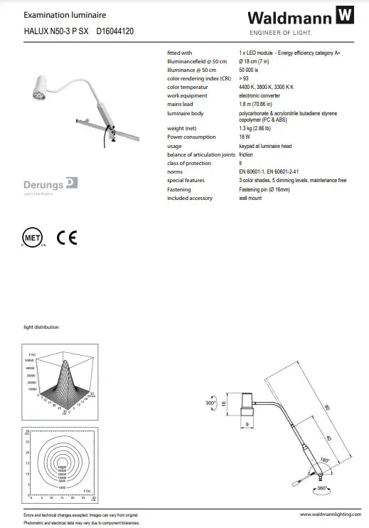 Waldmann HALUX LED N50 Exam Light-3 P SX, Color Changing, Dimming, Gooseneck - Wall Mount Waldmann Lighting