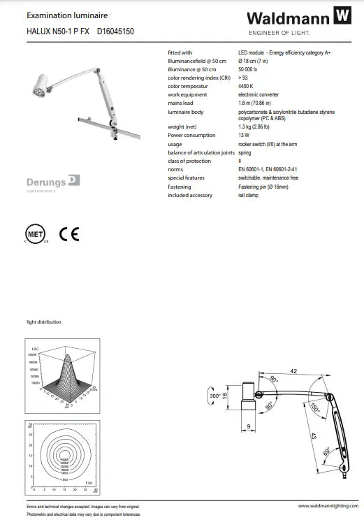 Waldmann HALUX LED N50 Exam Light-1 P FX, 4400K, Double Arm - Rail Mount Waldmann Lighting