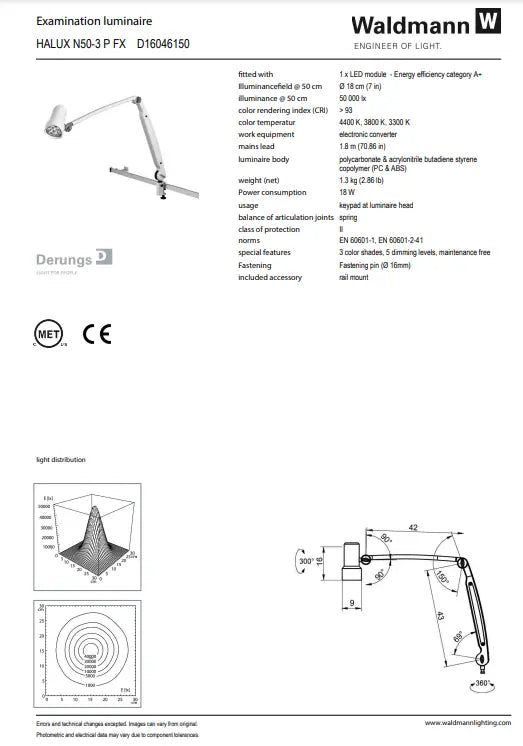 Waldmann HALUX LED N50 Exam Light-3 P FX, Color Change, Dimming, Double Arm - Rail Mount Waldmann Lighting