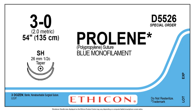 Ethicon Prolene D5526 Suture - Size 3-0, 54", Blue Monofilament Polypropylene, SH Needle (Box of 36) Ethicon