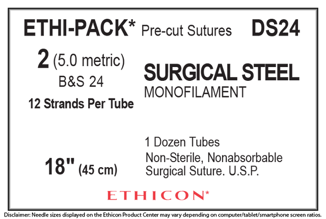 Ethicon Stainless Steel DS24 Suture - Stainless Steel, Nonabsorbable Ethicon