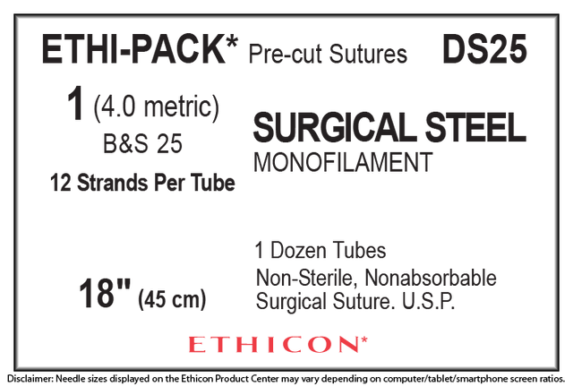 Ethicon Stainless Steel DS25 Suture - Stainless Steel, Nonabsorbable Ethicon