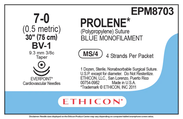 Ethicon Prolene EPM8703 Suture - Size 7-0, Monofilament Polypropylene (Box of 48) Ethicon