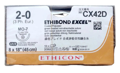 Box of Ethicon CX42D Ethibond Excel sutures on a white background