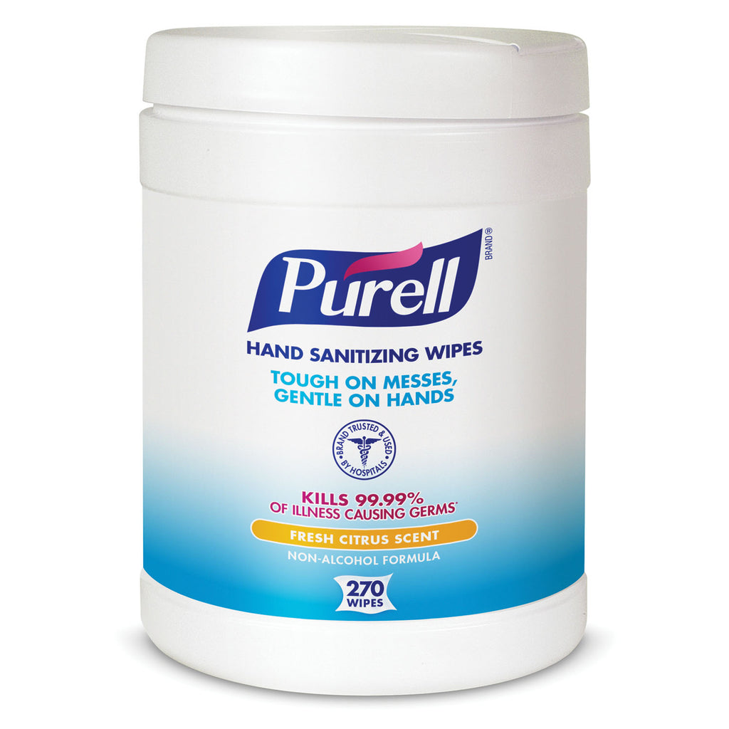 GOJO PURELL SANITIZING HAND WIPES Durable Textured Wipes For Superior Cleaning, Non Linting, 270 ct Popup Canister, Wiper Size 6" x 6¾"