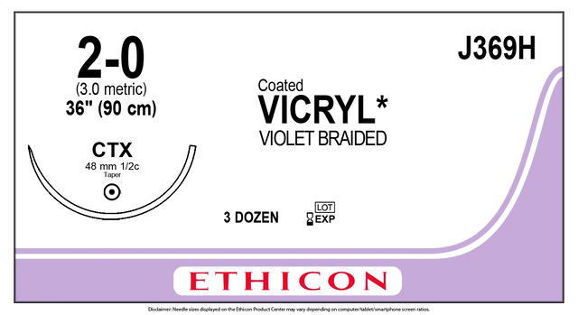 Ethicon Vicryl J369H Suture - Violet Braided Polyglactin 910, Absorbable (Box of 36) Ethicon