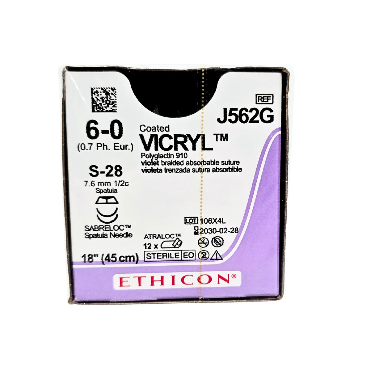 Ethicon J562G Coated VICRYL Violet Braided Absorbable Suture Size 6-0 with S-14 Spatula Needles – Box of 12 Ethicon