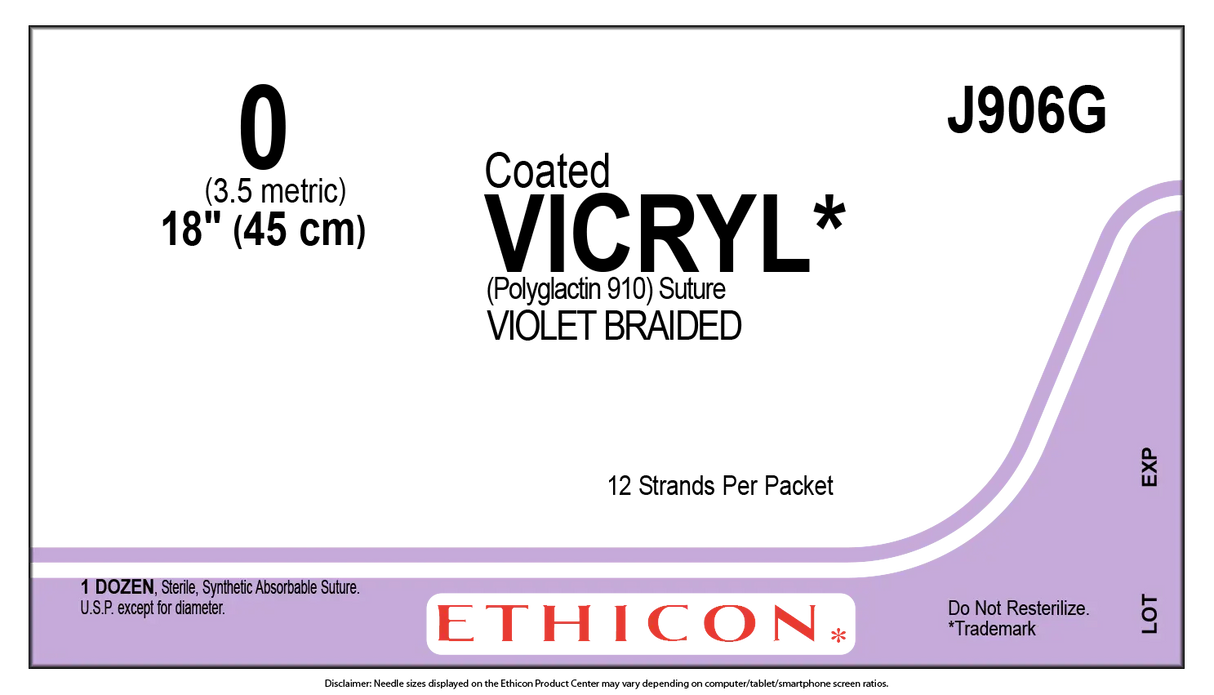 Ethicon Vicryl J906G Suture - Violet Braided Polyglactin 910, Absorbable (Box of 12) Ethicon